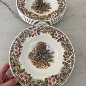 Thanksgiving Churchill 6 rimmed soup bowls 8.75” multicolor